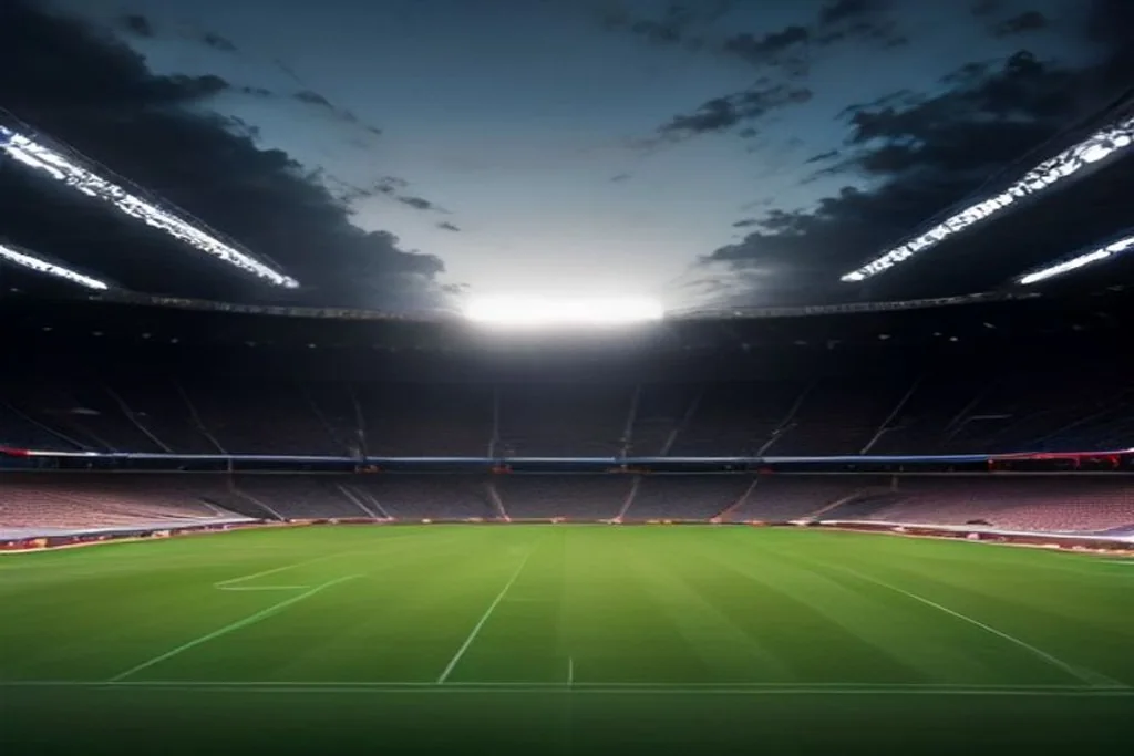 Empty floodlit football stadium stands at evening kickoff time