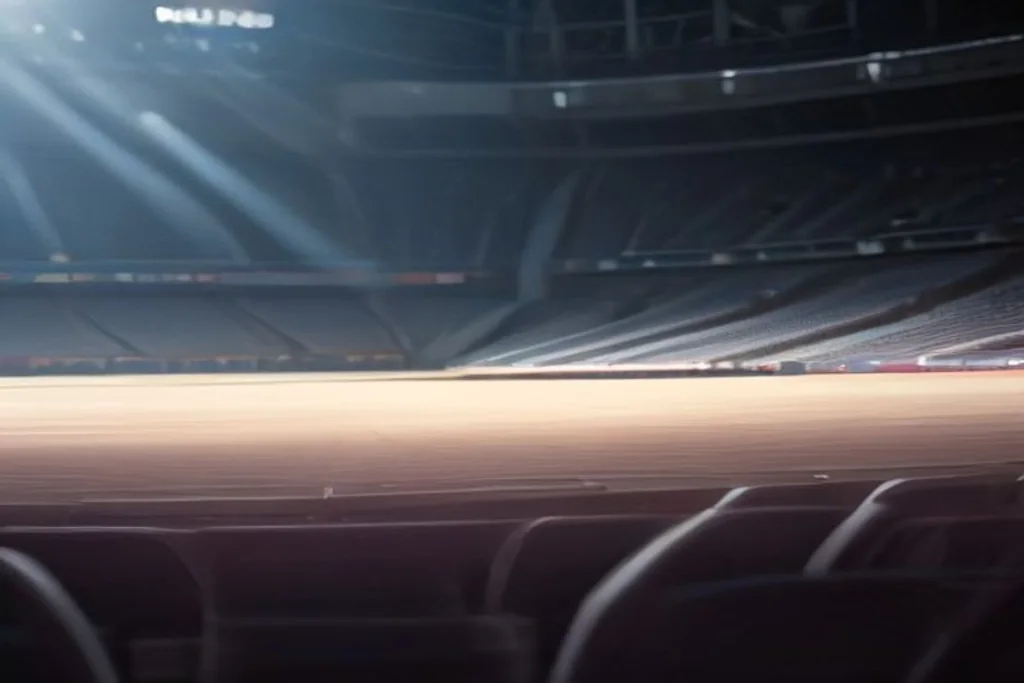 Smartphone on a stadium seat with blurred empty stands behind
